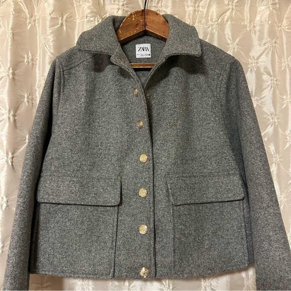 Zara Grey Soft Touch Cropped Military Jacket Gold Buttons - Picture 8 of 15